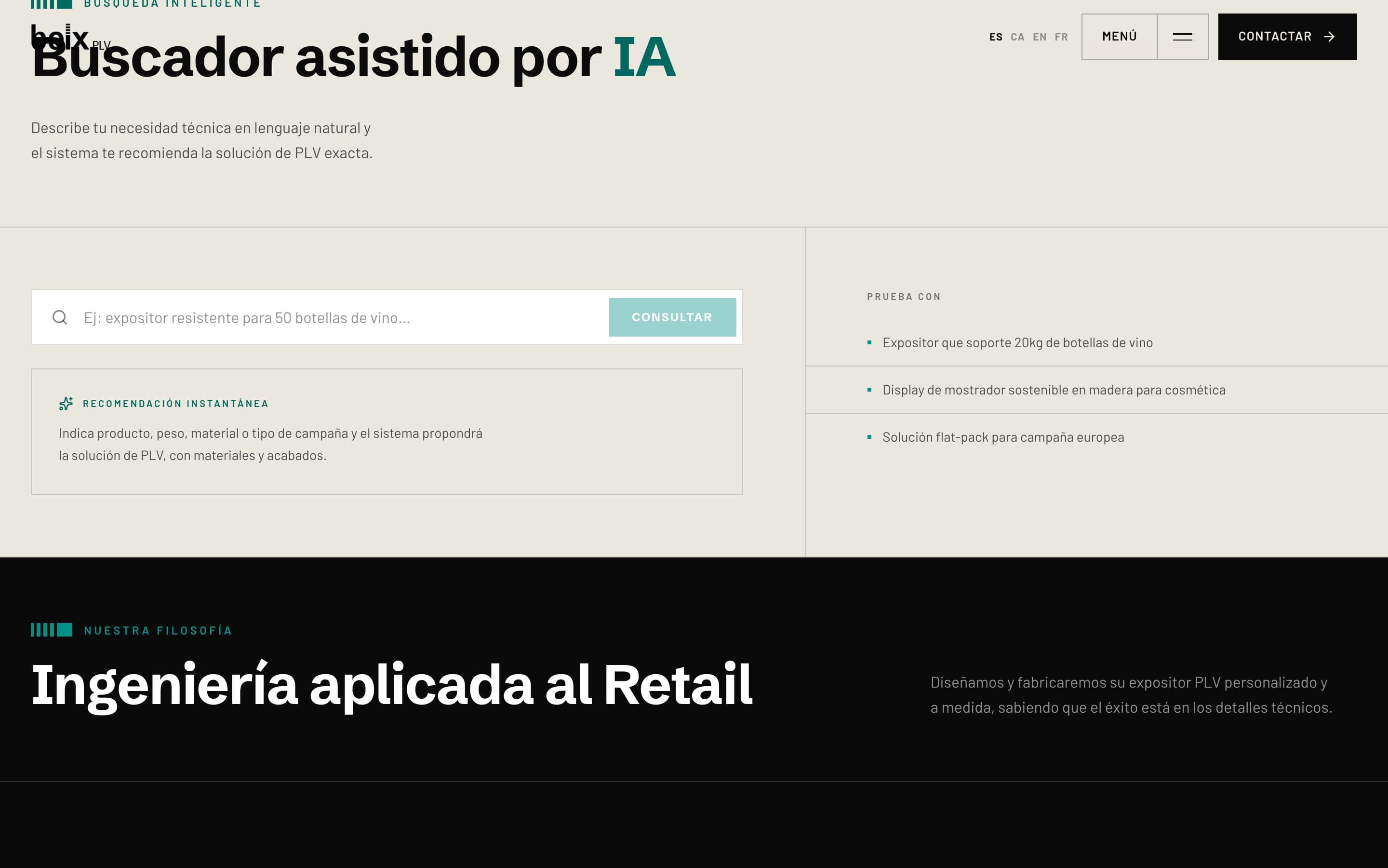 The AI-assisted product finder on the Boix PLV site, with the example “a sturdy display for 50 wine bottles” typed into the search field