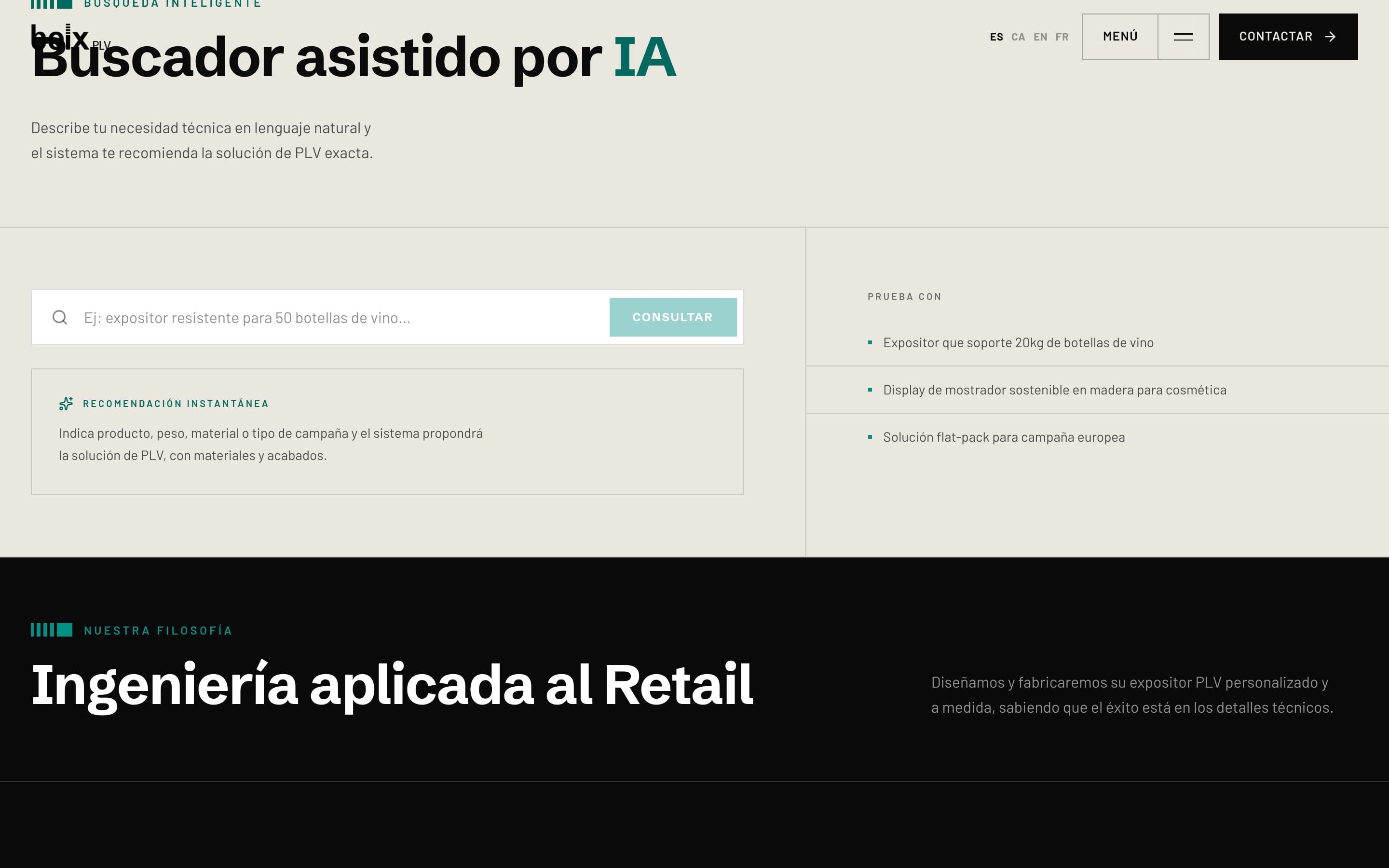 El buscador asistido por IA de Boix PLV, con el ejemplo «expositor resistente para 50 botellas de vino» escrito en el campo de búsqueda