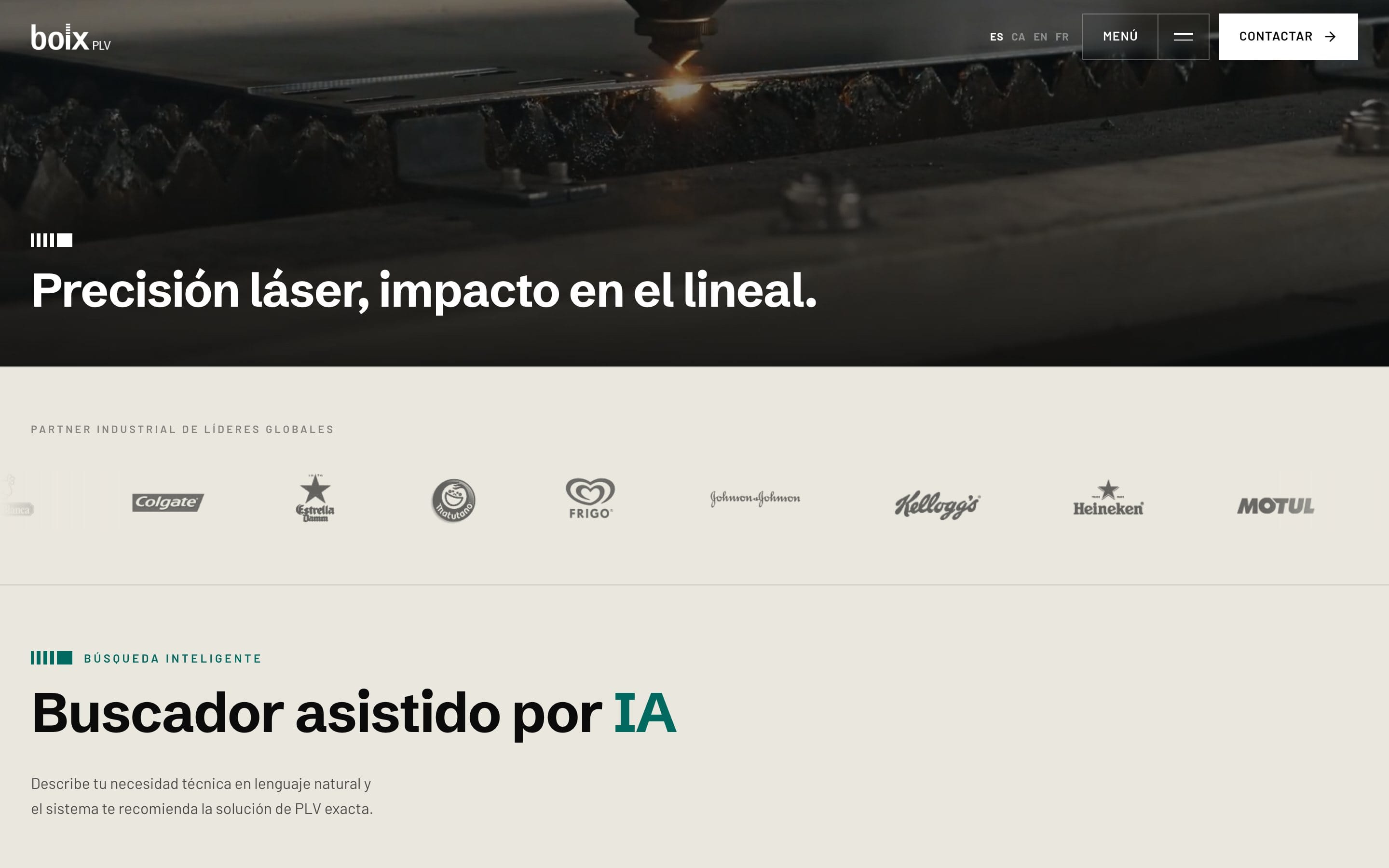 Sección de la web de Boix PLV con los logos de Colgate, Estrella Damm, Frigo, Johnson & Johnson, Kellogg’s, Heineken y Motul bajo el titular «Precisión láser, impacto en el lineal»