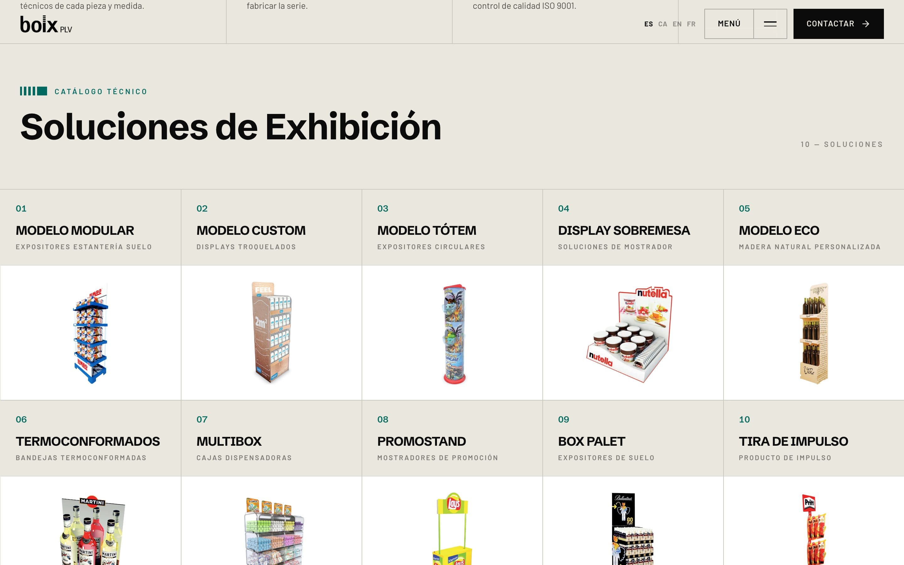 Catálogo técnico de Boix PLV con diez familias de expositor —modular, custom, tótem, sobremesa, eco, termoconformados, multibox, promostand, box palet y tira de impulso— cada una con su foto