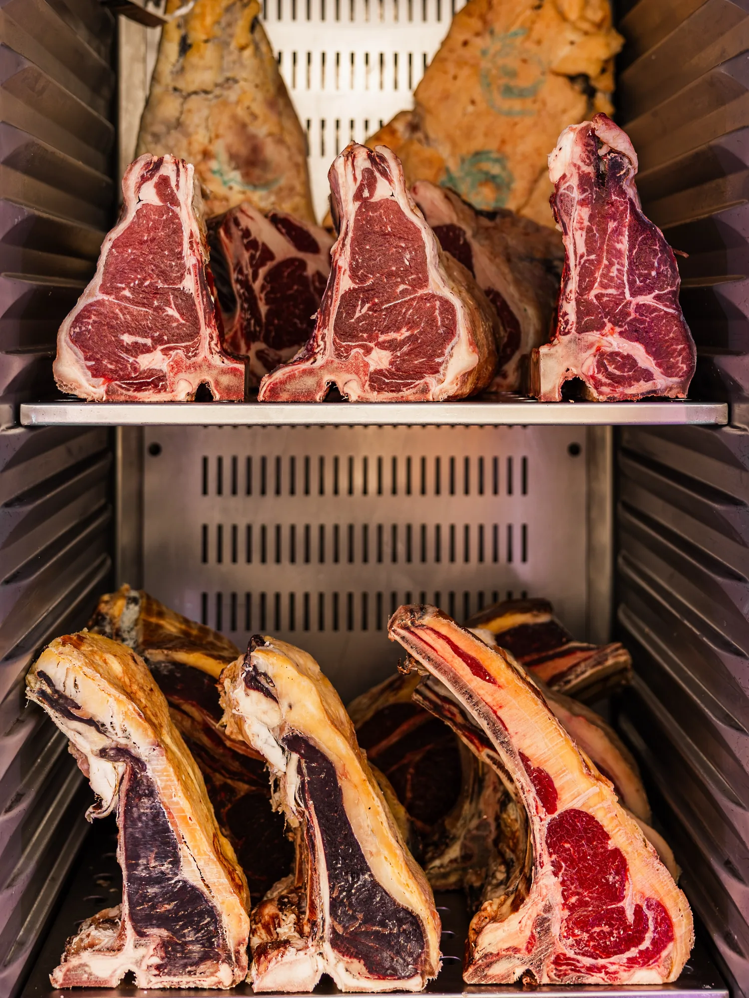 A dry-aging cabinet holding T-bones and rib racks