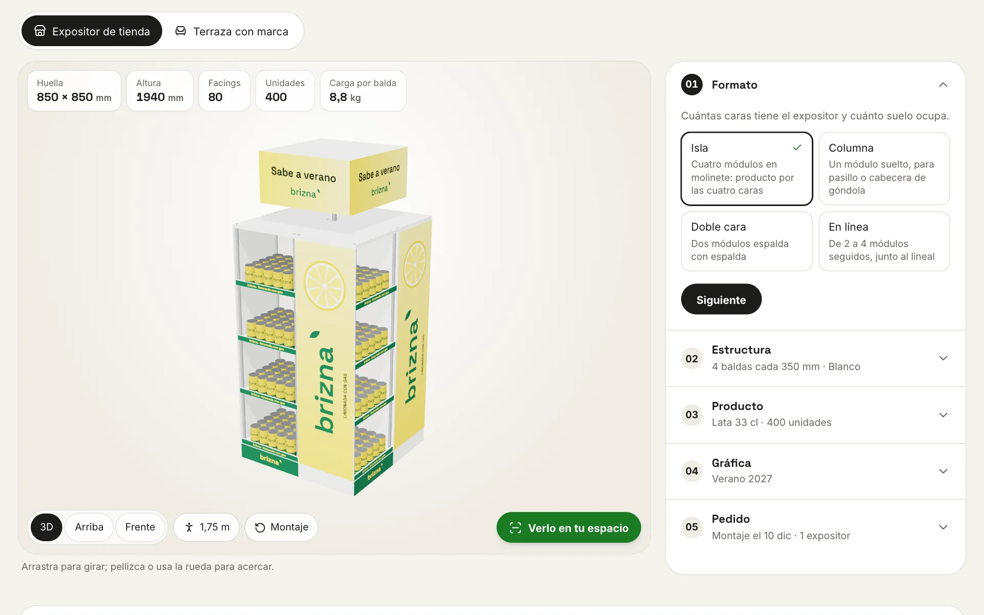 Screenshot of the demo 3D configurator: a retail display with the made-up brand Brizna, its measurements on top and the configuration steps beside it.